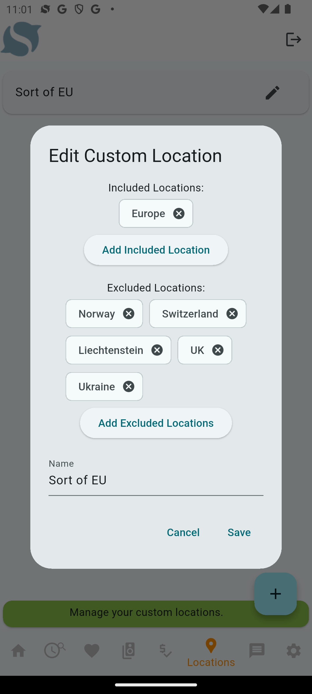 Custom location filter creation interface showing included and excluded regions